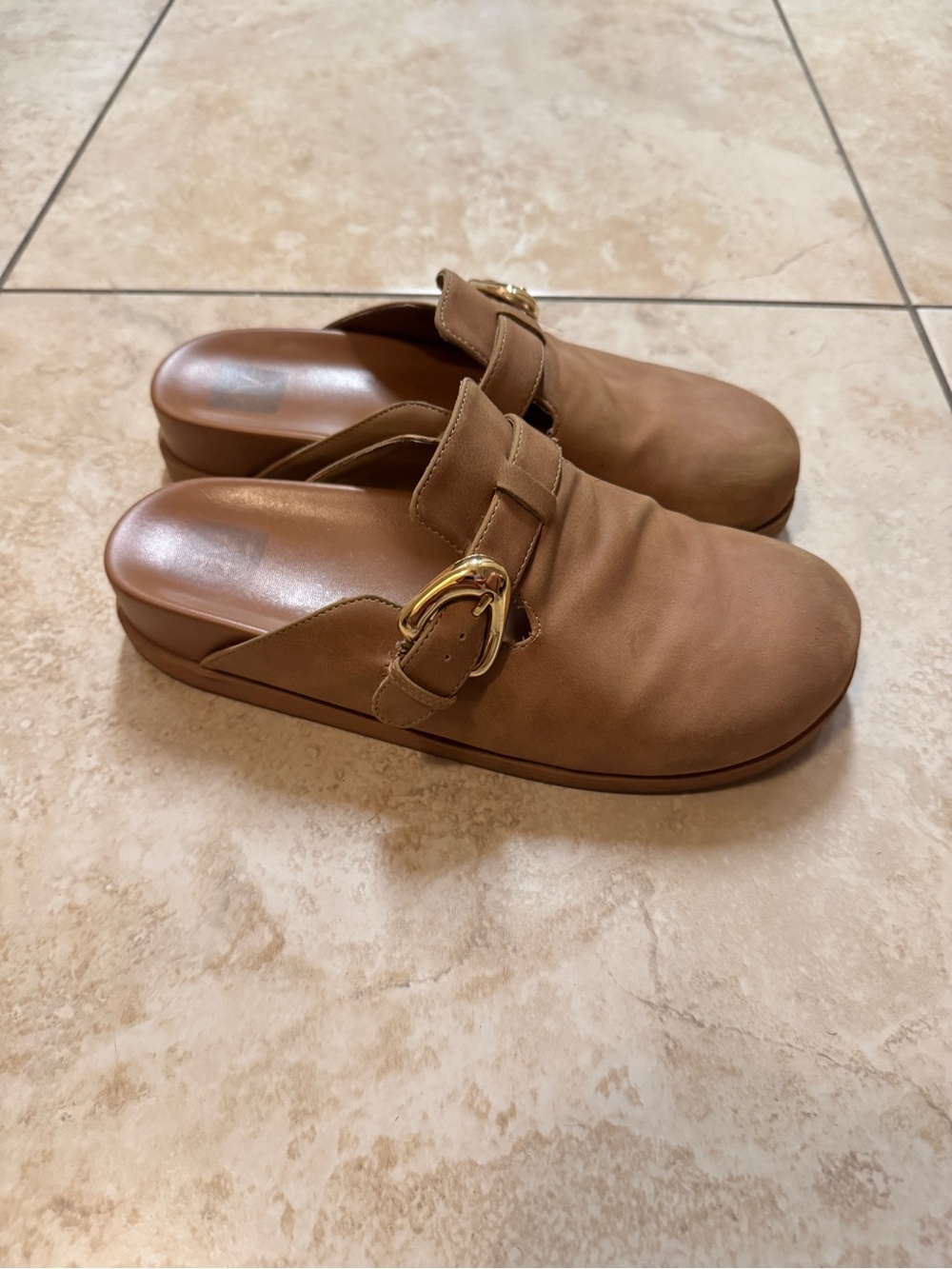 Dolce Vita Tan Slip-On Mules with Gold Buckle